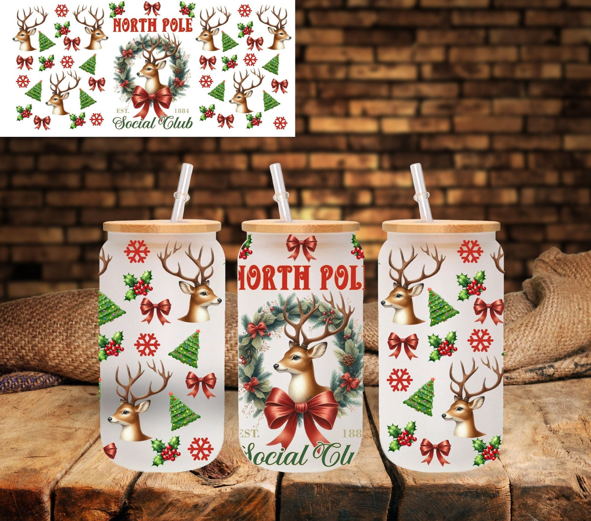 North Pole Social Club UV DTF 16oz Libbey wrap