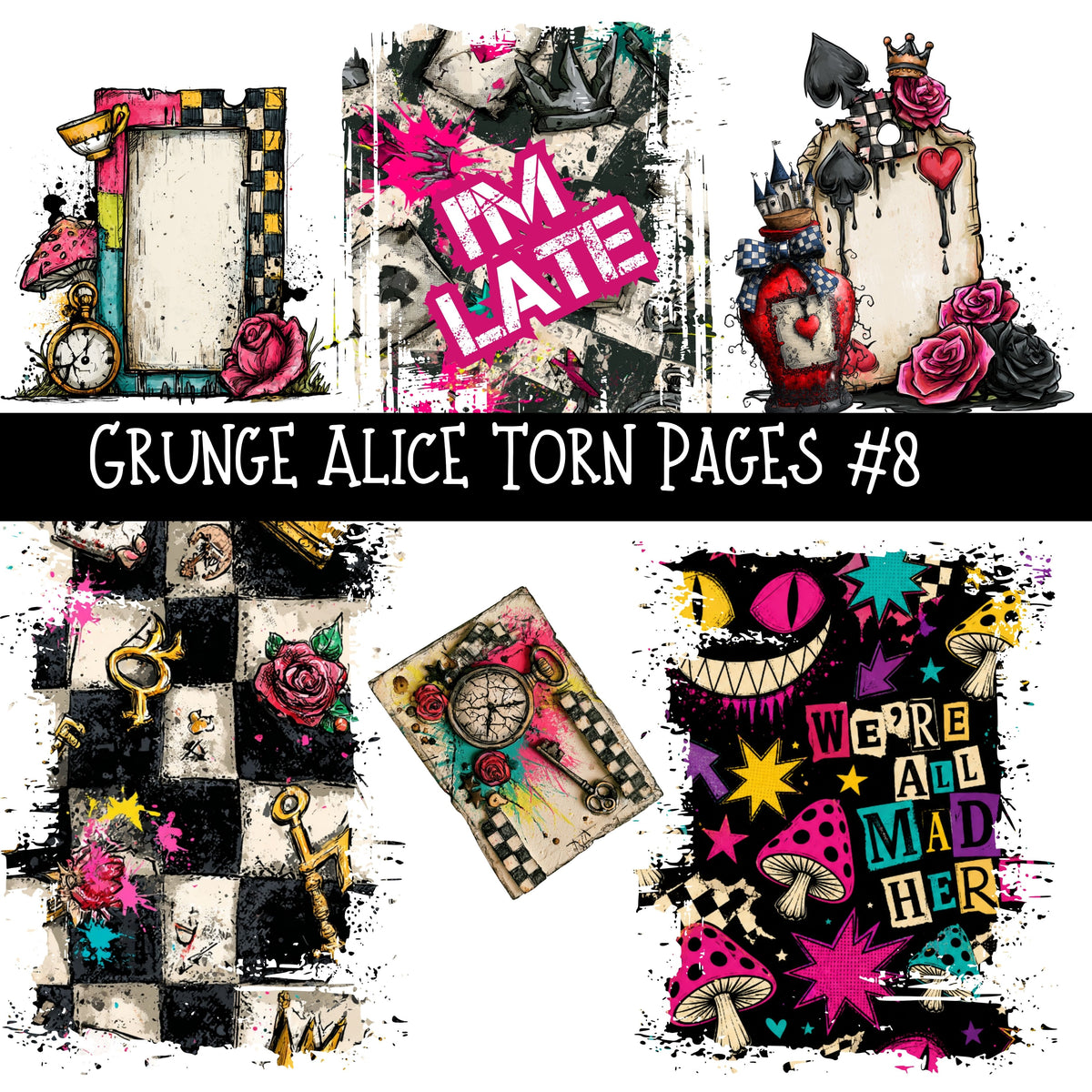 Grunge Alice Torn Pages UV DTF Decal sheets 11 Designs available