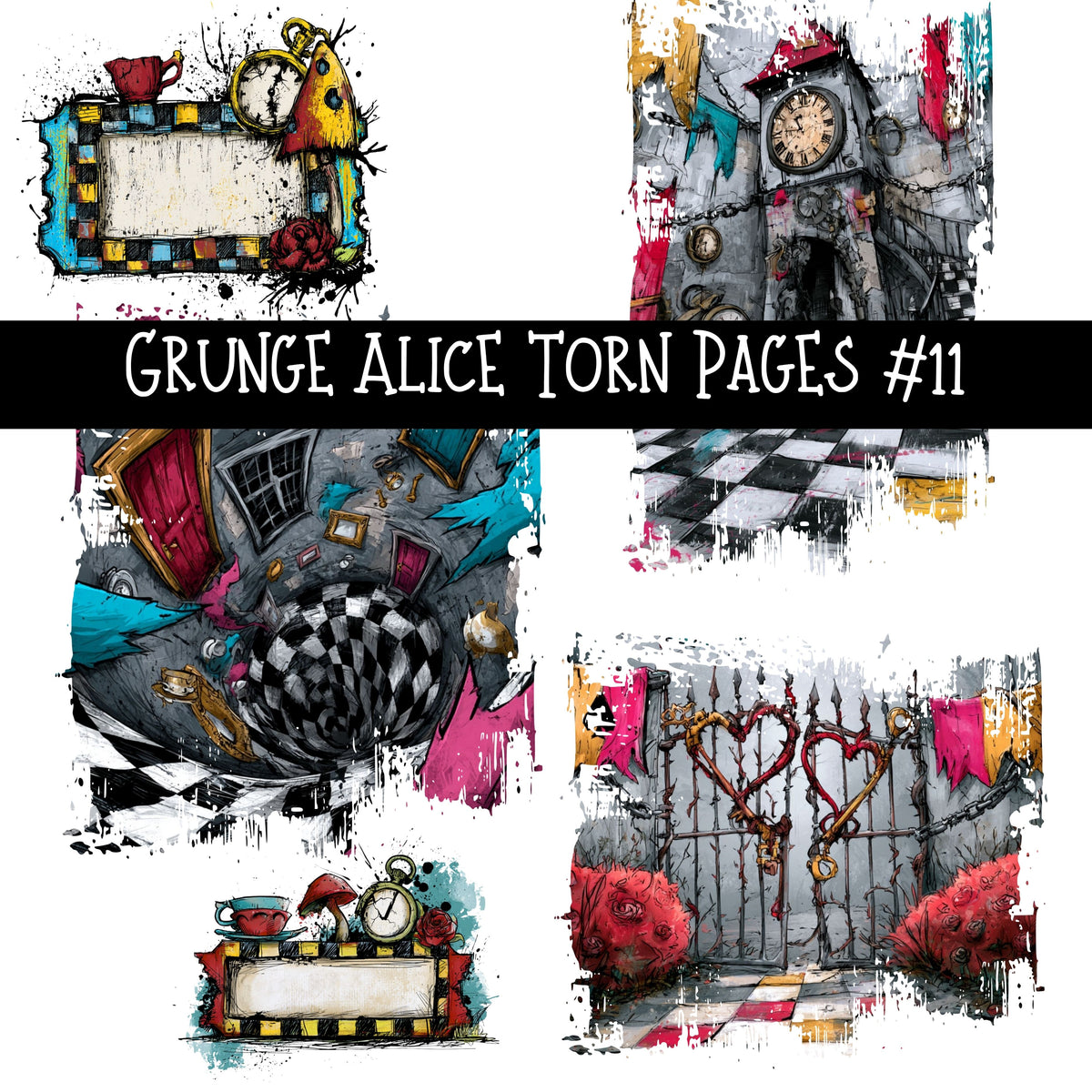 Grunge Alice Torn Pages UV DTF Decal sheets 11 Designs available