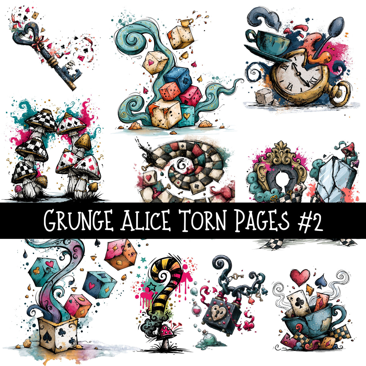 Grunge Alice Torn Pages UV DTF Decal sheets 11 Designs available