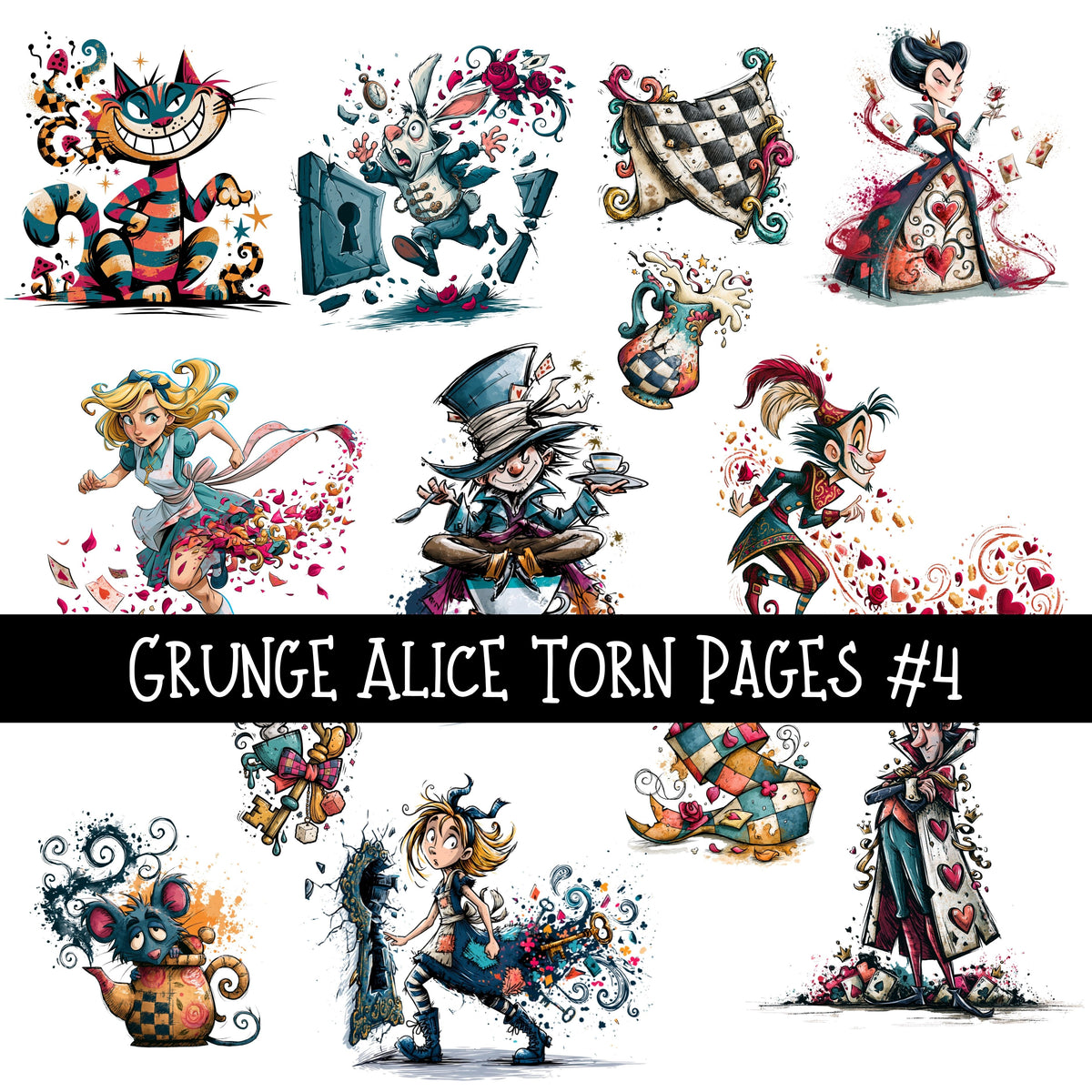 Grunge Alice Torn Pages UV DTF Decal sheets 11 Designs available