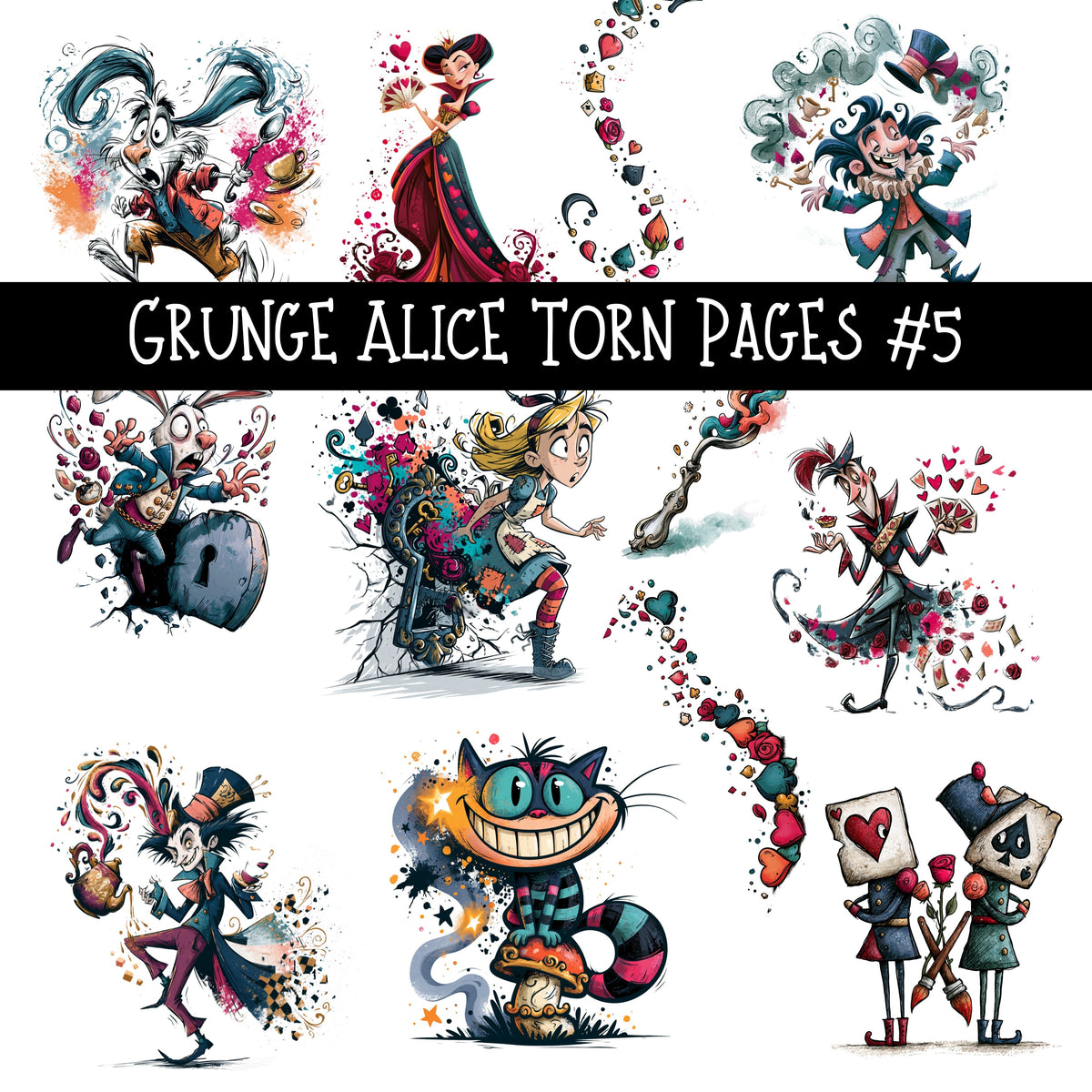 Grunge Alice Torn Pages UV DTF Decal sheets 11 Designs available