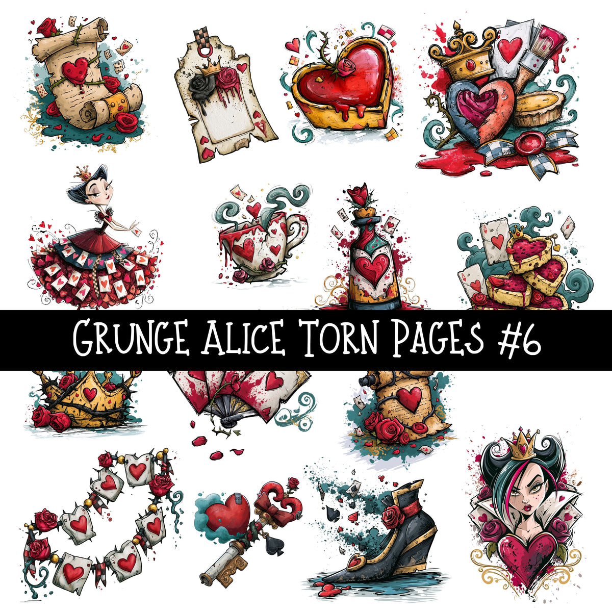 Grunge Alice Torn Pages UV DTF Decal sheets 11 Designs available