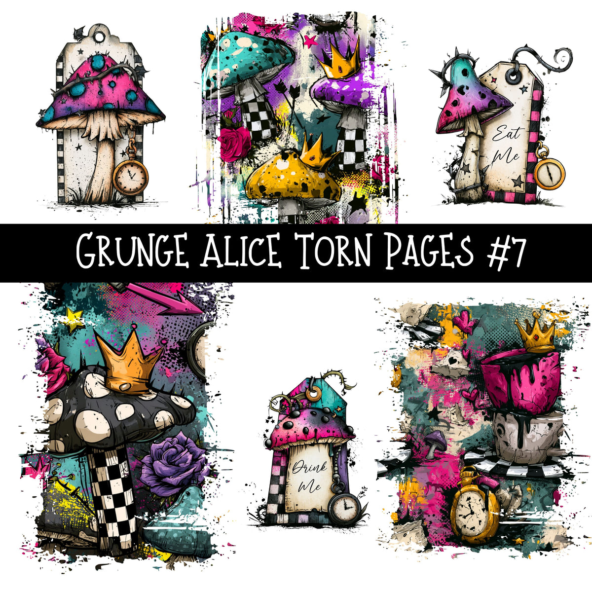 Grunge Alice Torn Pages UV DTF Decal sheets 11 Designs available
