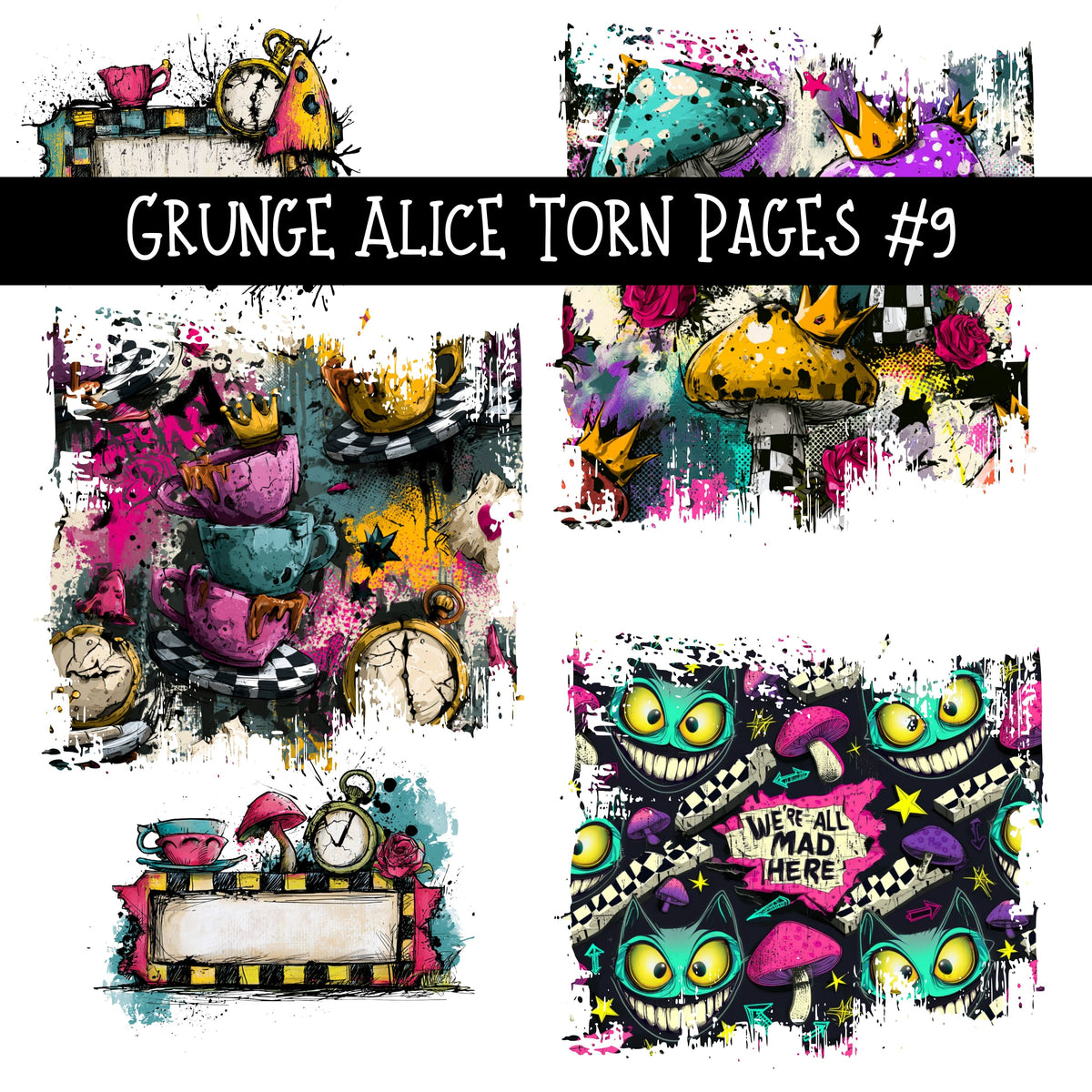Grunge Alice Torn Pages UV DTF Decal sheets 11 Designs available