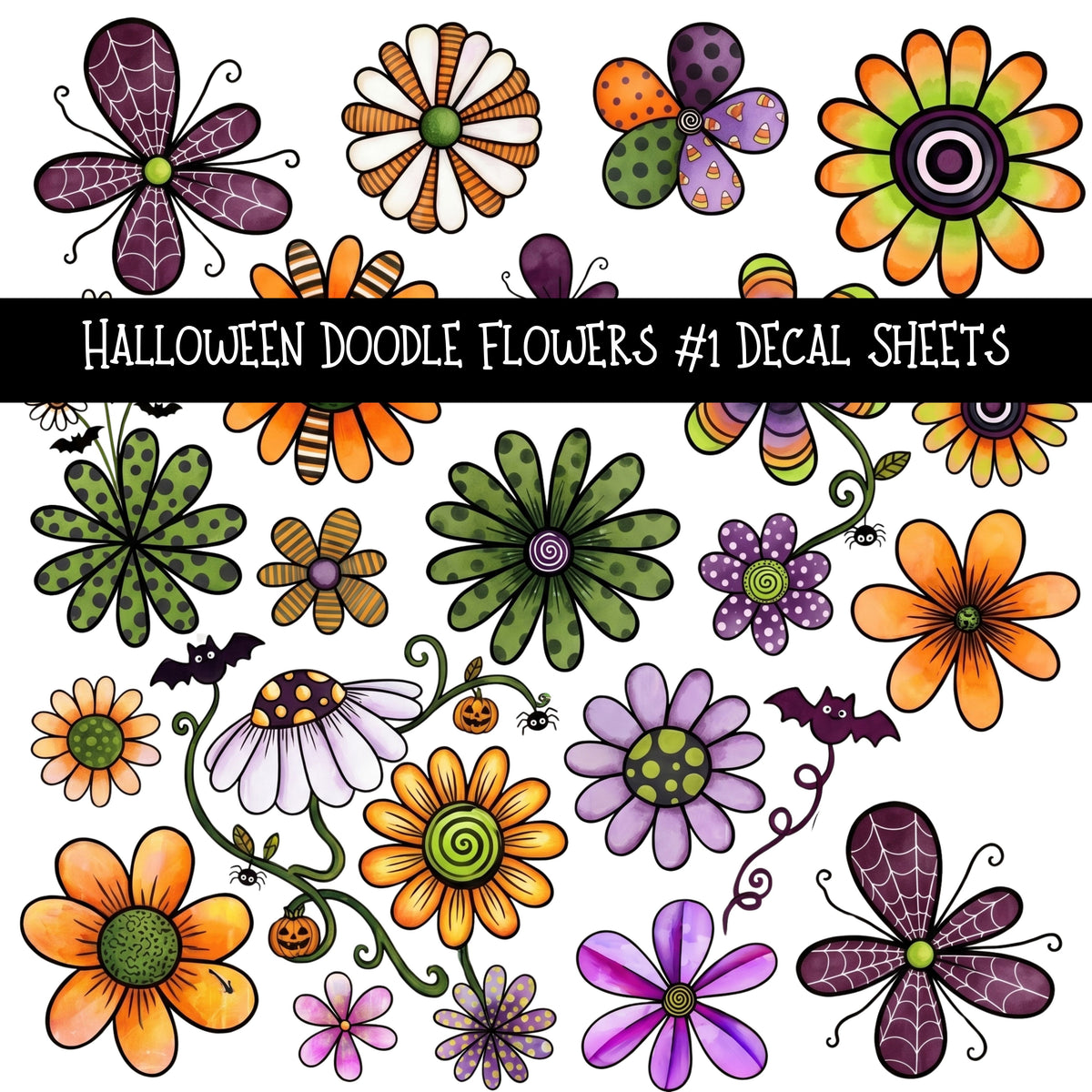 Halloween Doodle Flowers UV DTF Decal sheets 3 designs available