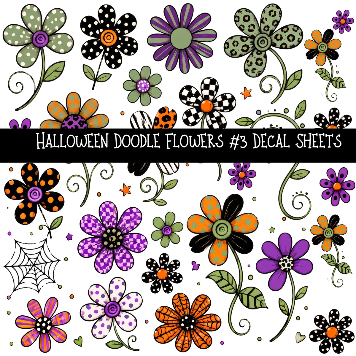 Halloween Doodle Flowers UV DTF Decal sheets 3 designs available