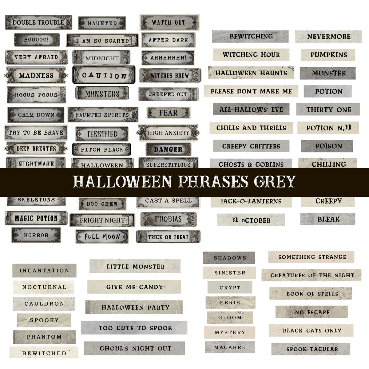 Halloween Phrases grey UV DTF Decal sheet