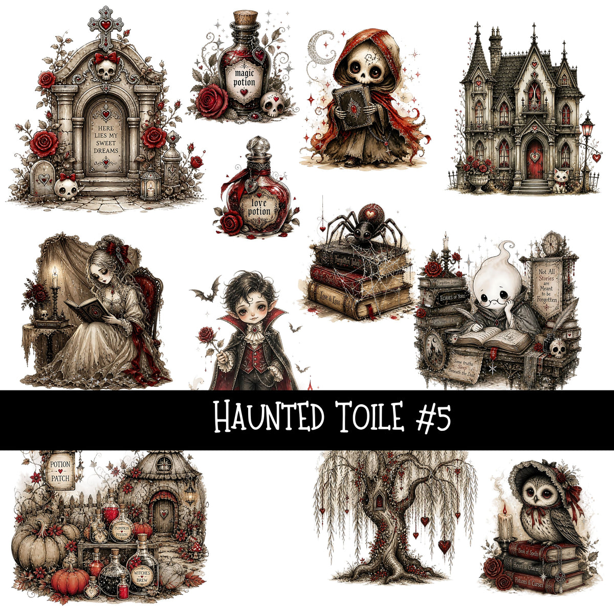 Haunted Toile Torn Pages UV DTF Decal sheets 6 Designs available