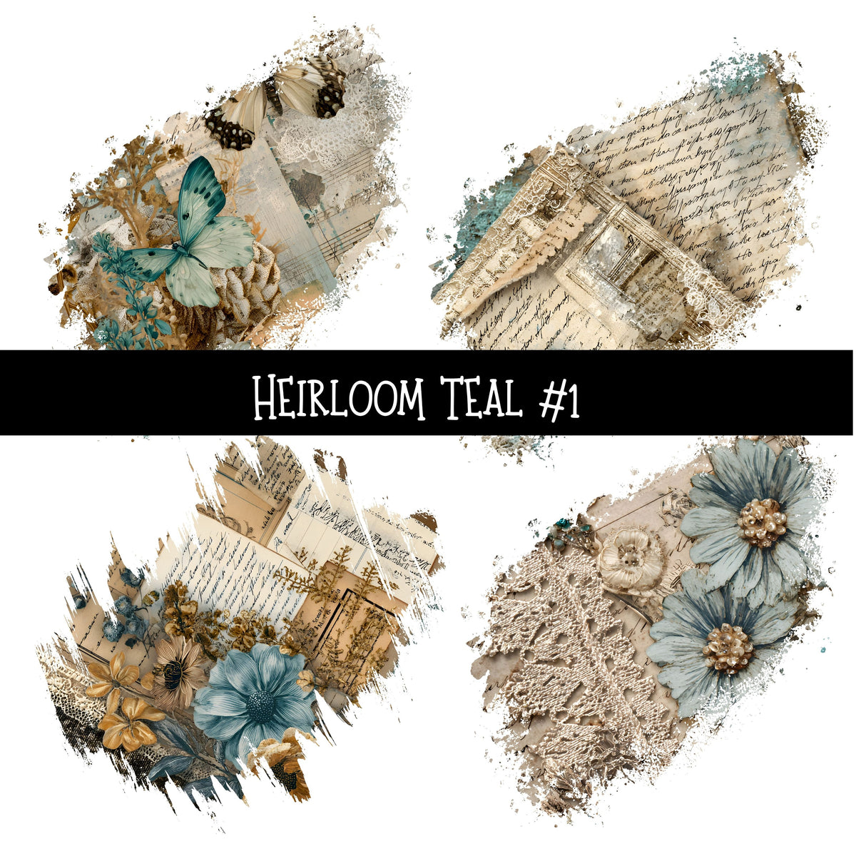 Heirloom Teal Torn Pages UV DTF Decal sheets 6 Designs available