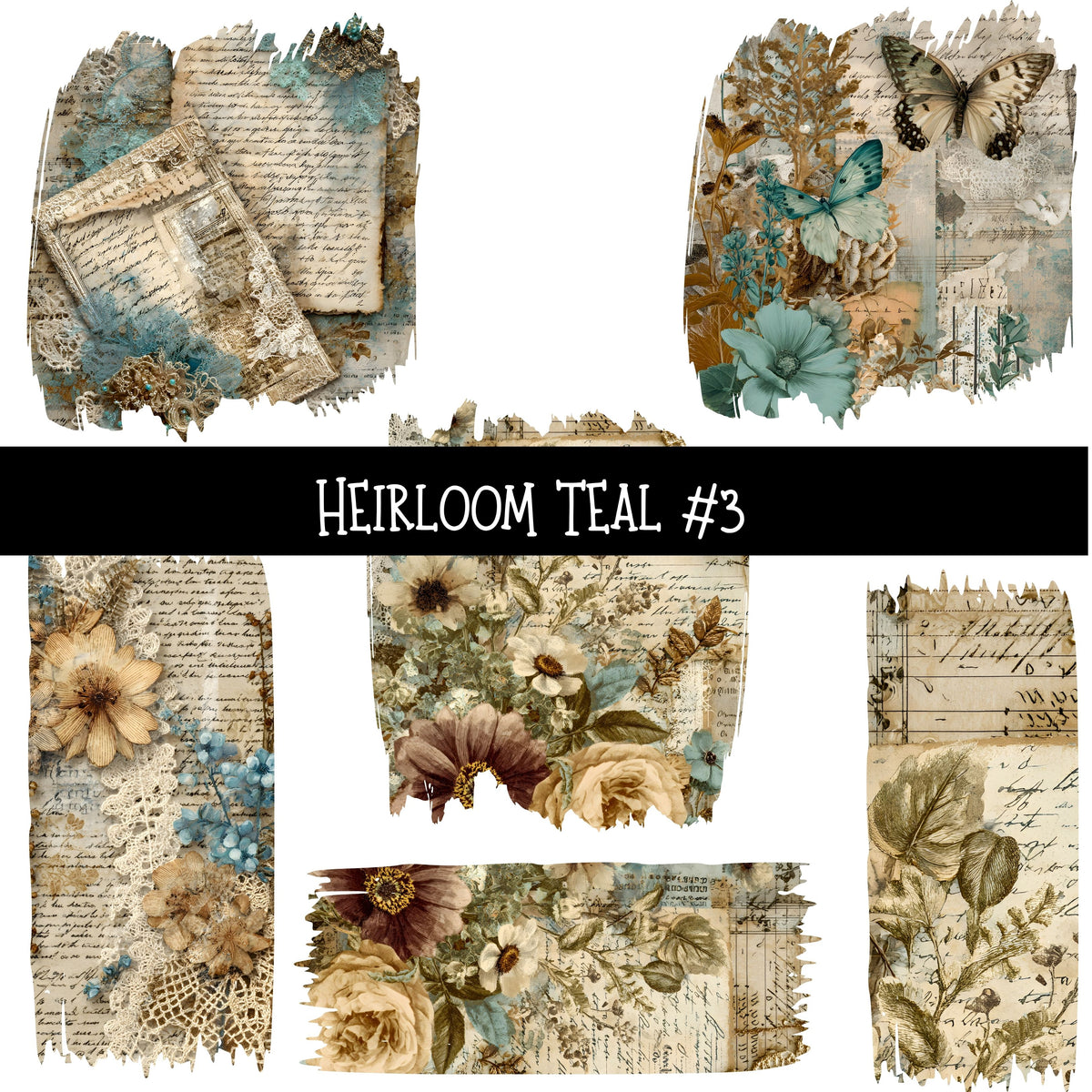 Heirloom Teal Torn Pages UV DTF Decal sheets 6 Designs available