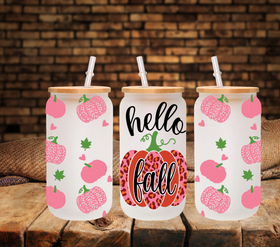 Pink Hello Fall Pumpkins UV DTF 16oz Libbey