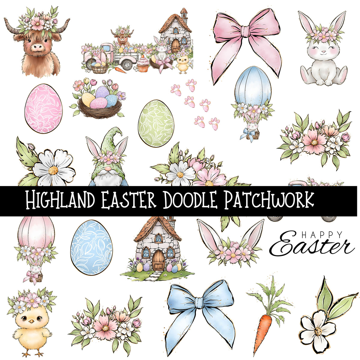 Highland Easter Doodle Patchwork Set