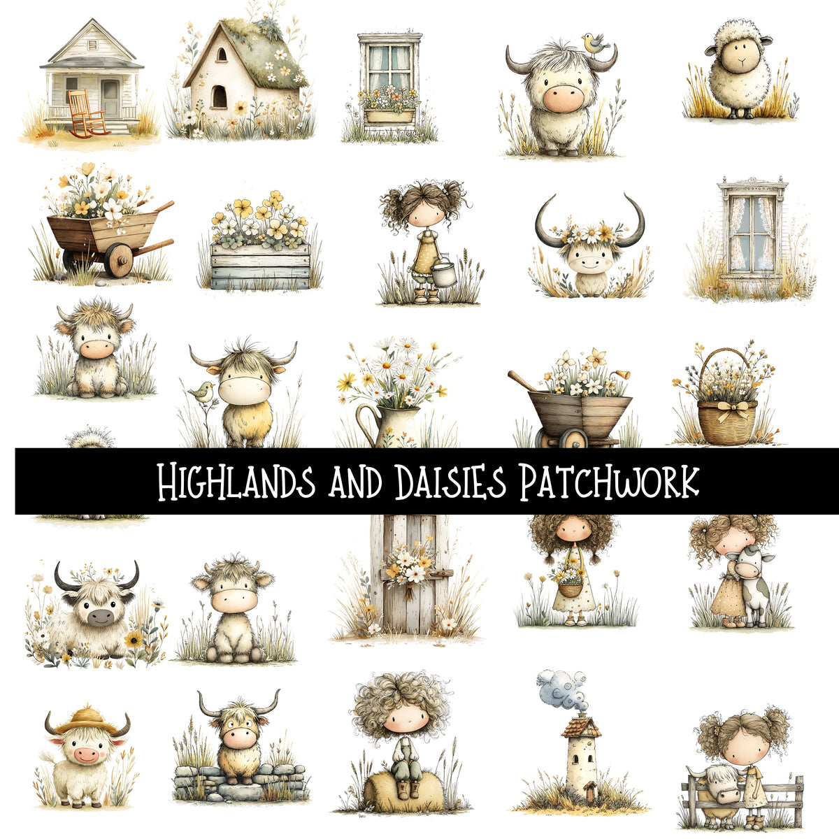 Highland and Daisies Doodle Patchwork Set