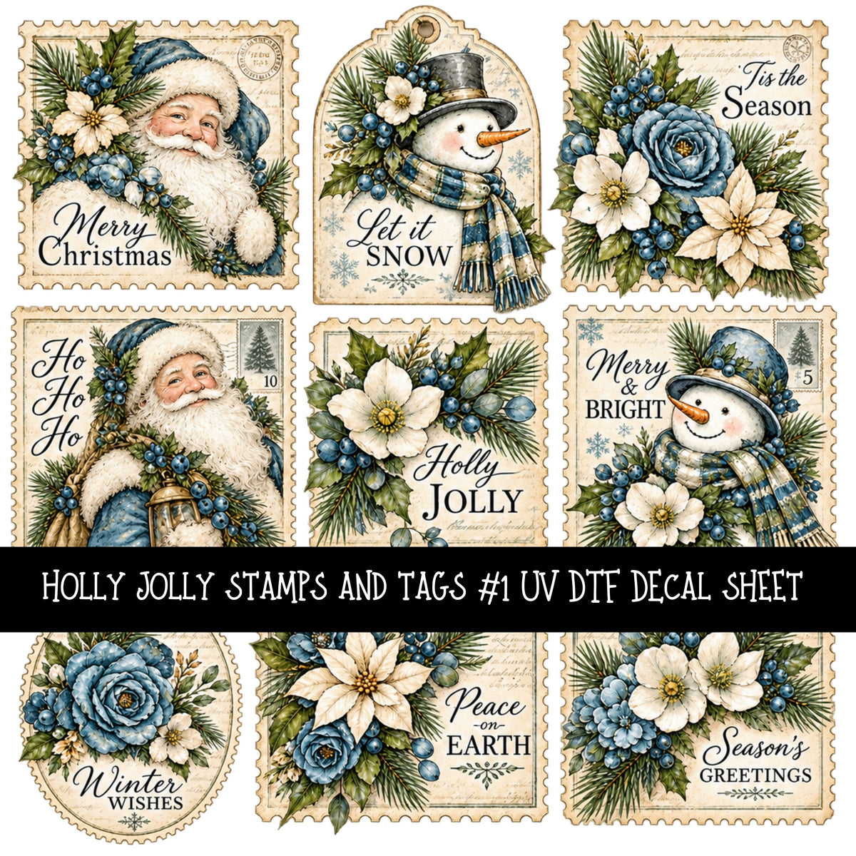 Holly Jolly Stamps and Tags UV DTF Decal sheets 4 Designs available