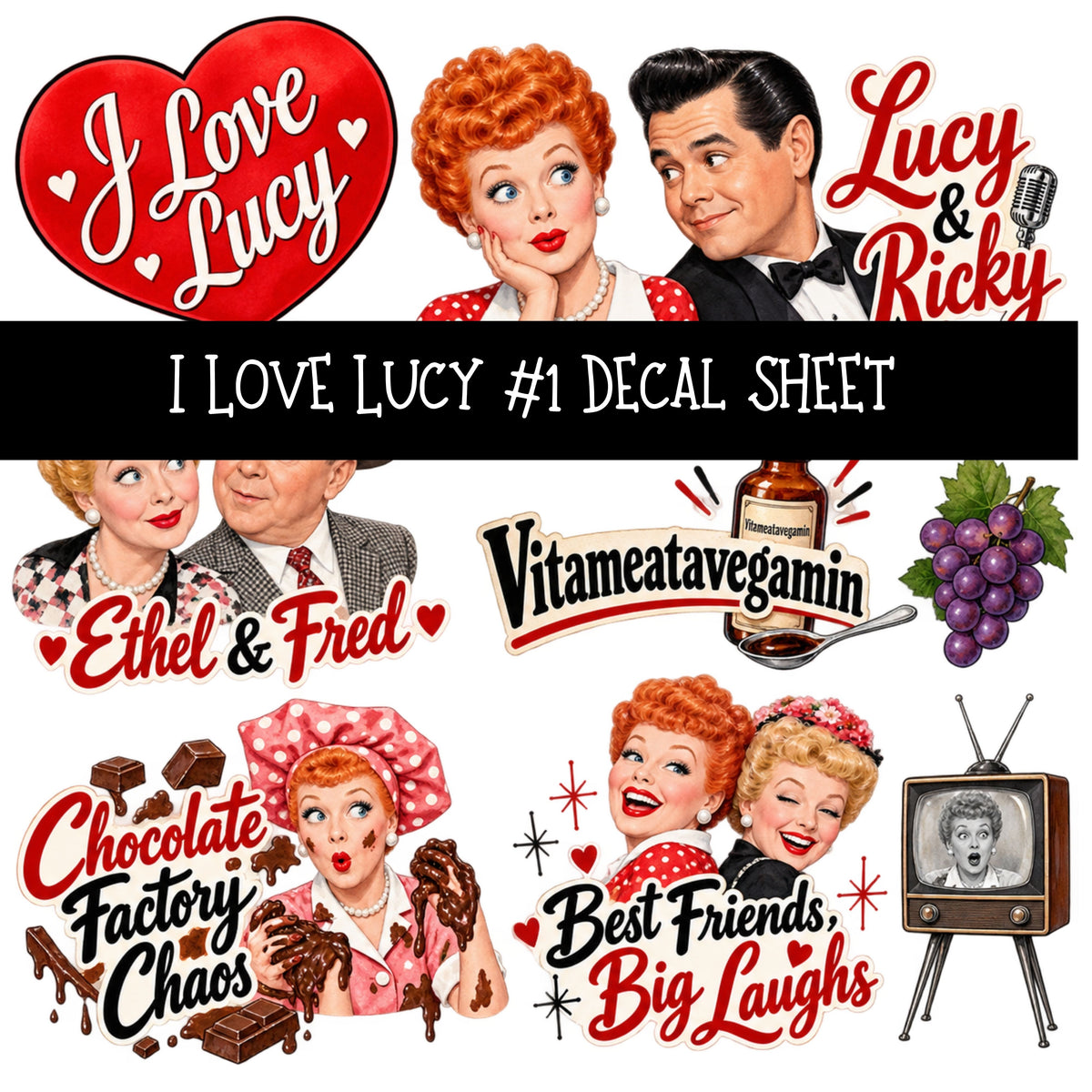I Love Lucy UV DTF Decal sheets 13 Designs available