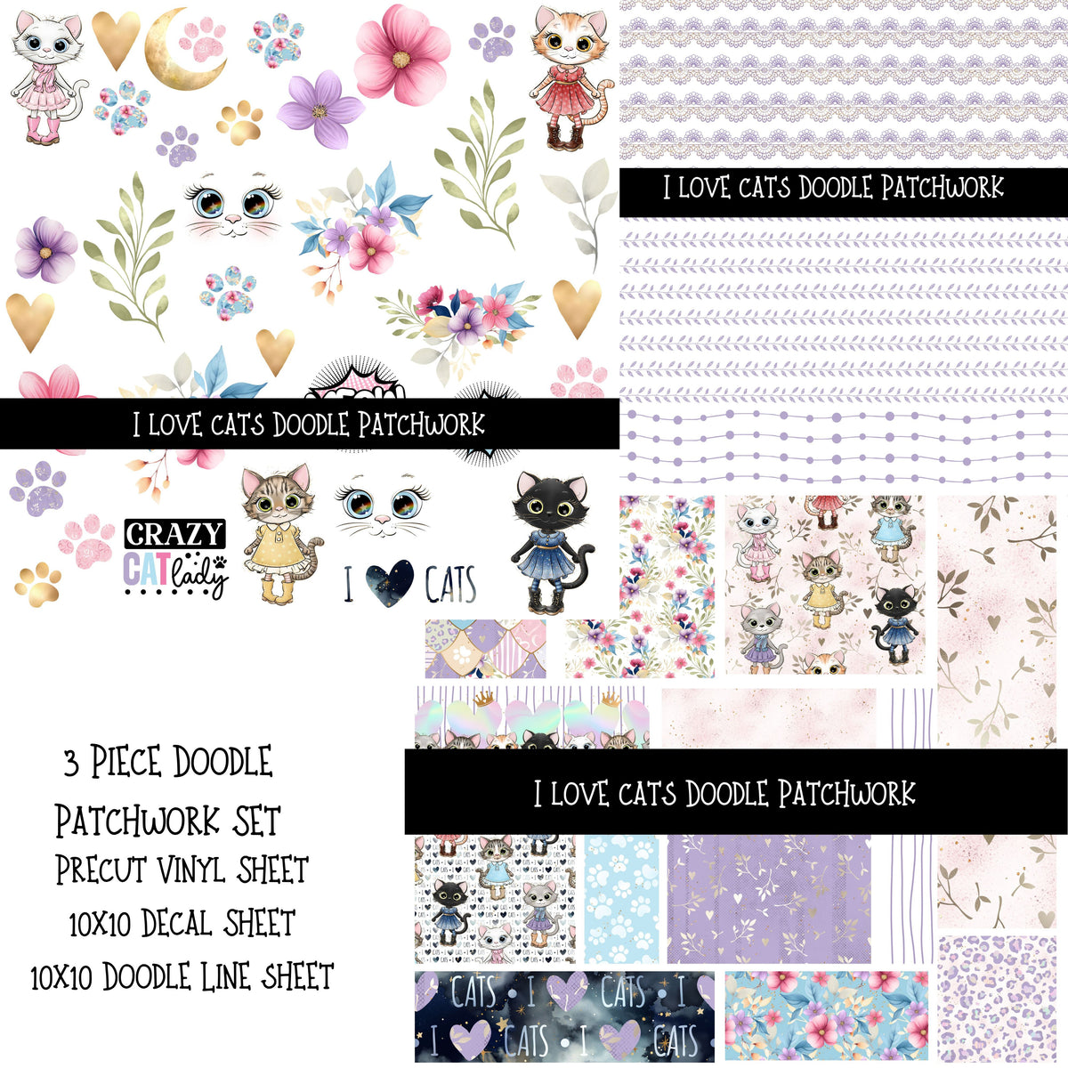 I love cats Doodle Patchwork Set