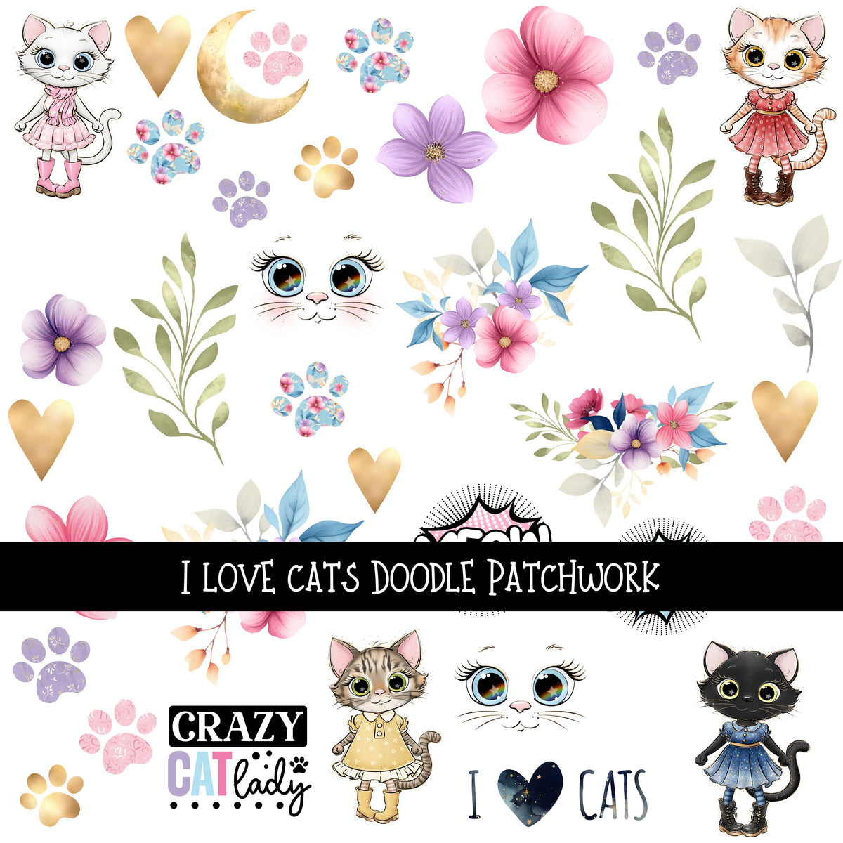 I love cats Doodle Patchwork Set