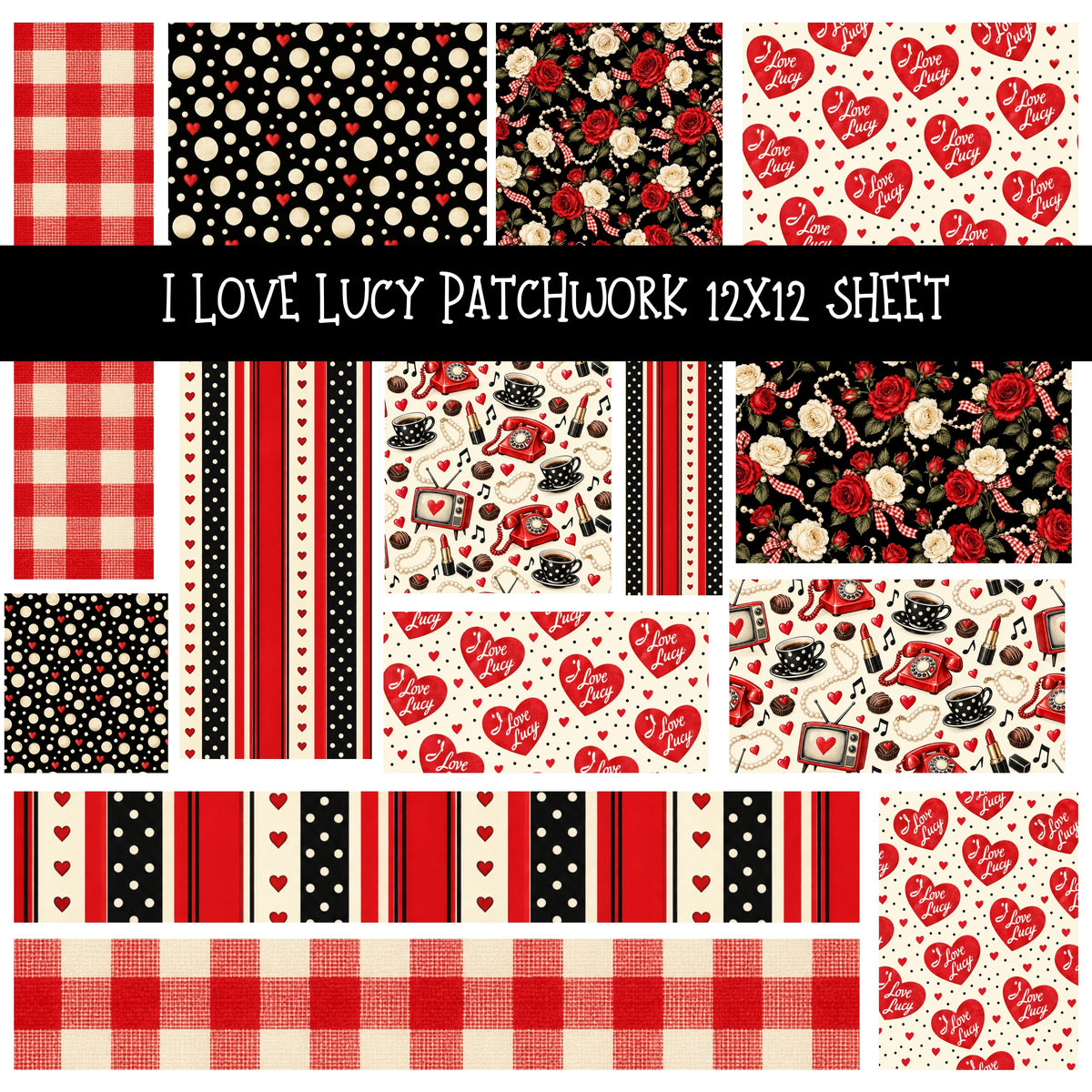 I Love Lucy Patchwork precut vinyl sheet available in 12x12 or 6x6 sizes
