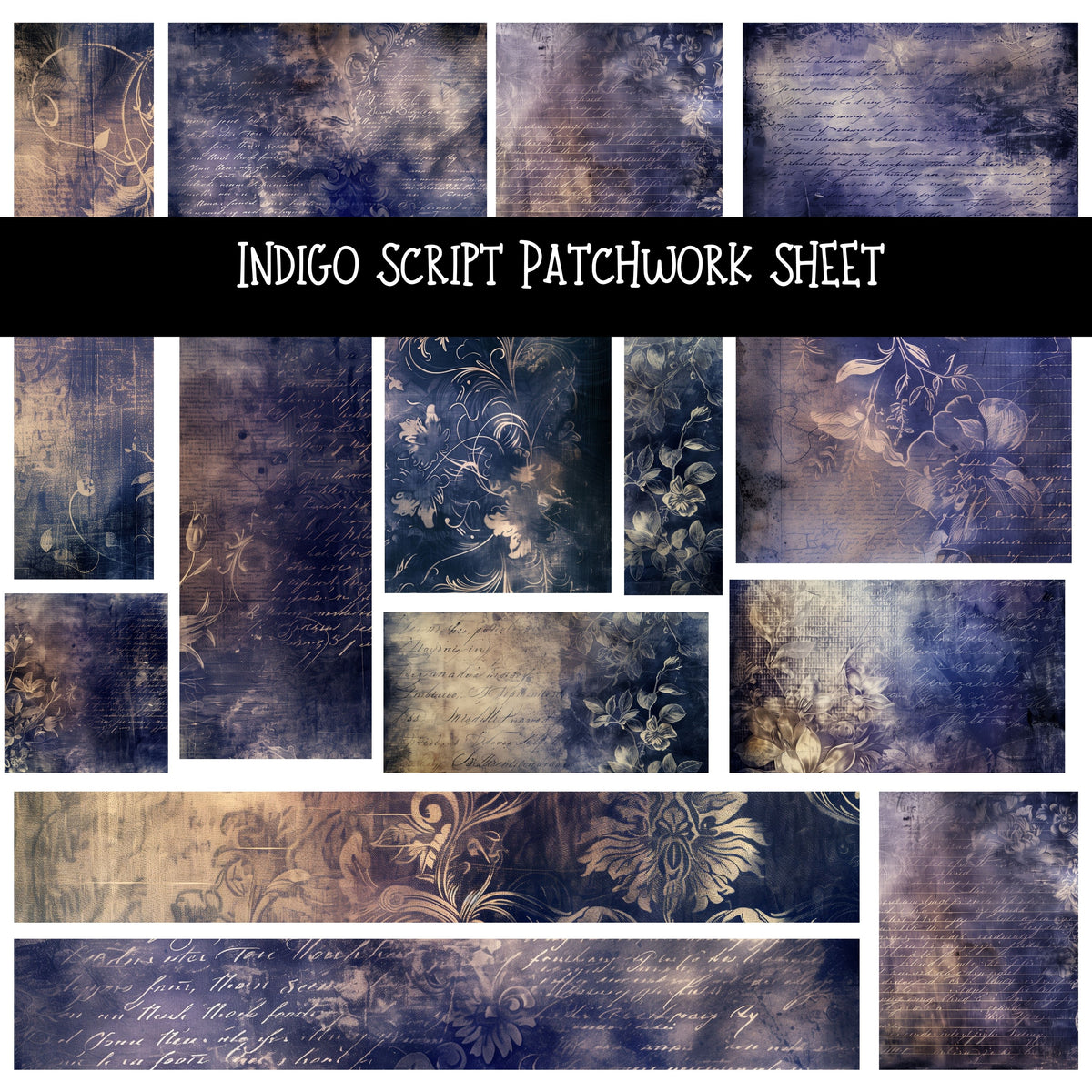 Indigo Script Patchwork precut vinyl sheet available in 12x12 or 6x6 sizes