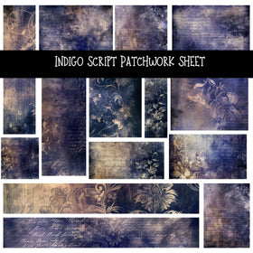 Indigo Script Patchwork precut vinyl sheet available in 12x12 or 6x6 sizes