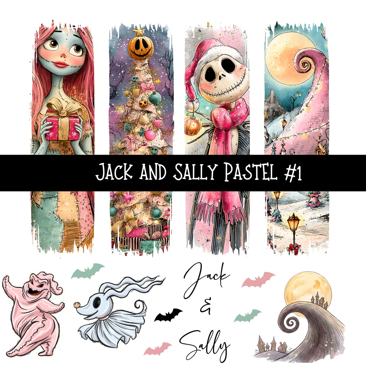 Jack and Sally Pastel Torn Pages UV DTF Decal sheets 4 Designs available