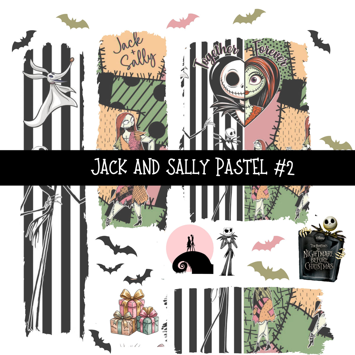 Jack and Sally Pastel Torn Pages UV DTF Decal sheets 4 Designs available