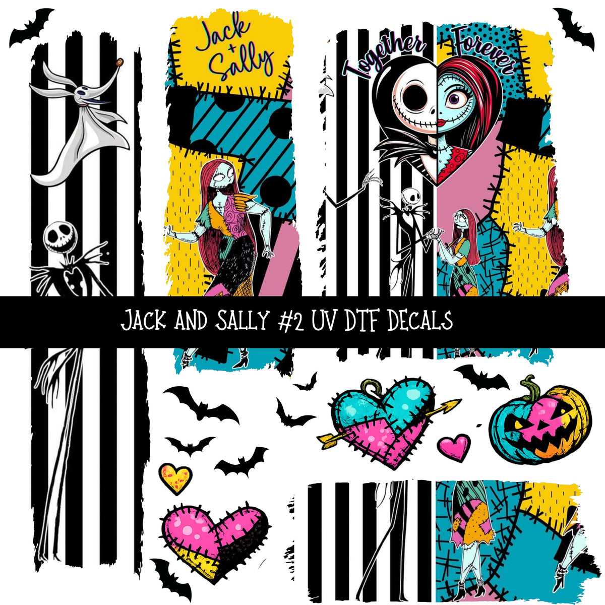 Jack and Sally Torn Pages UV DTF Decal sheets 6 designs available
