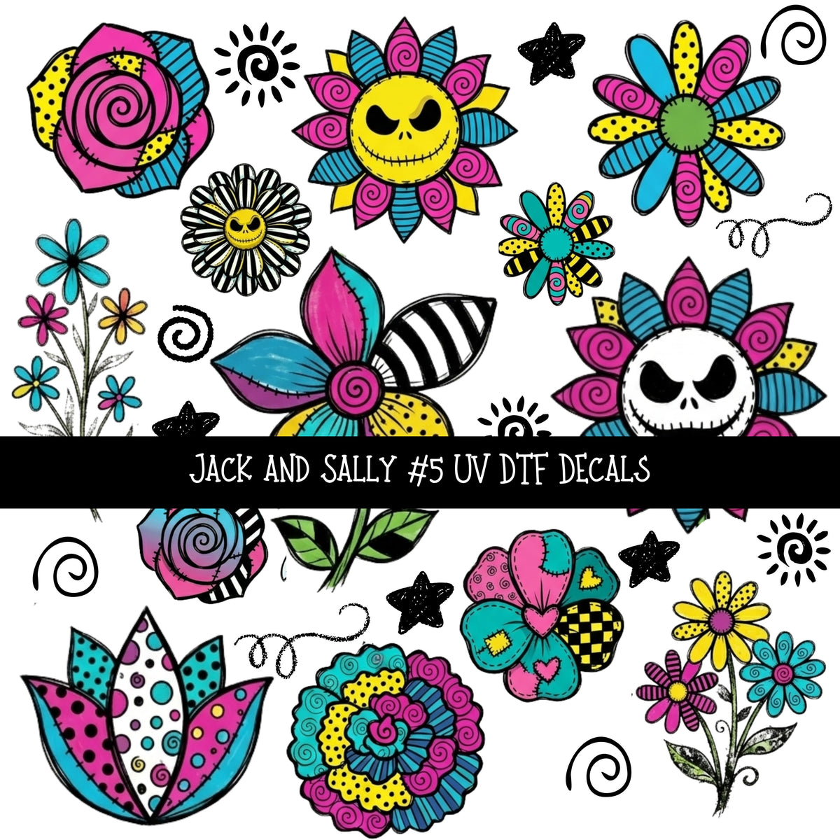 Jack and Sally Torn Pages UV DTF Decal sheets 6 designs available
