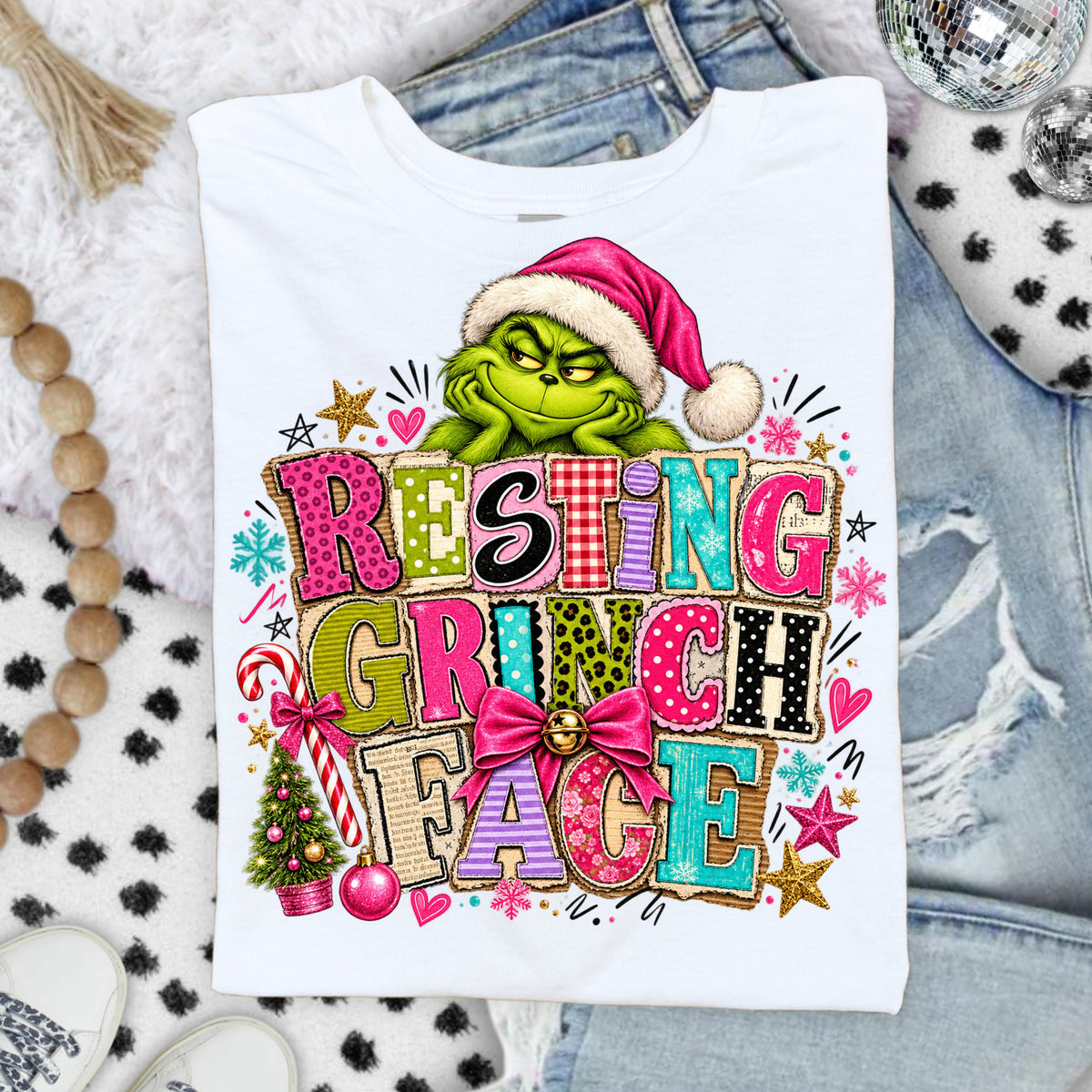 Resting Grinch Face Pink DTF Transfers