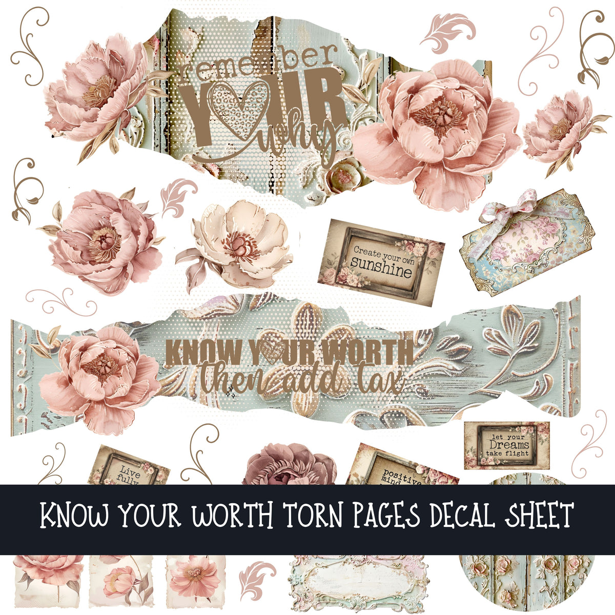 Know your worth Shabby Chic Torn pages UV DTF Decal sheets