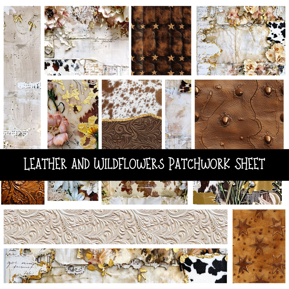 Leather and Wildflowers Patchwork precut vinyl sheet available in 12x12 or 6x6 sizes