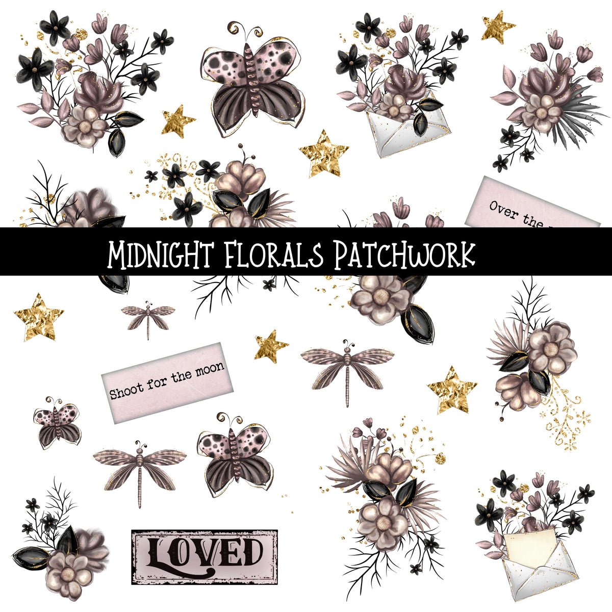 Midnight Floral Doodle Patchwork Set