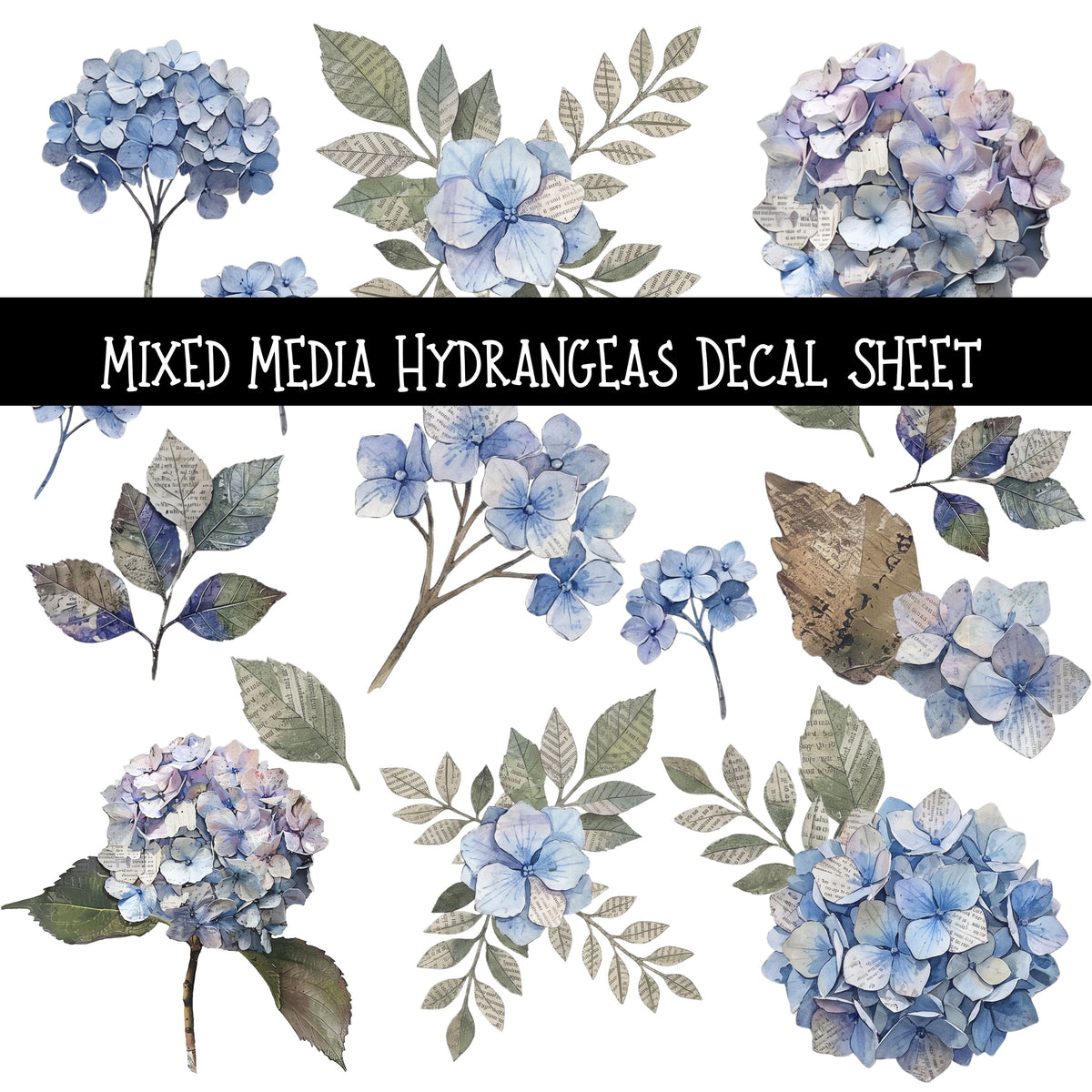 Mixed Media Hydrangeas UV DTF Decal sheets