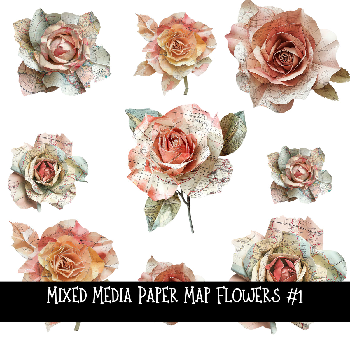 Mixed Media Paper Map Roses UV DTF Decal sheets 4 designs sheets available