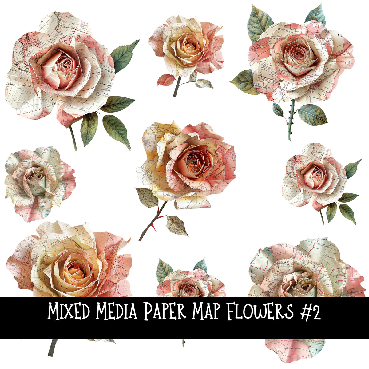 Mixed Media Paper Map Roses UV DTF Decal sheets 4 designs sheets available