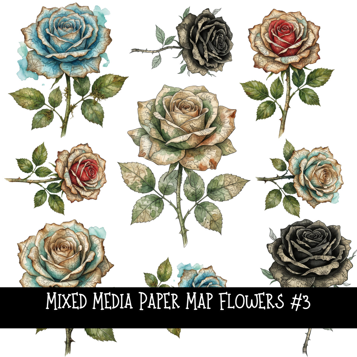 Mixed Media Paper Map Roses UV DTF Decal sheets 4 designs sheets available