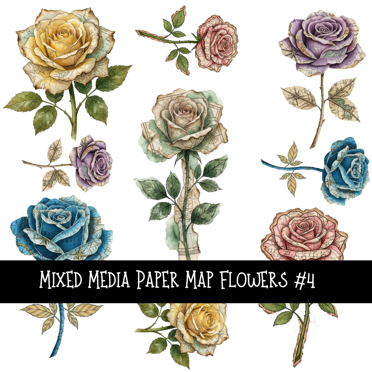 Mixed Media Paper Map Roses UV DTF Decal sheets 4 designs sheets available