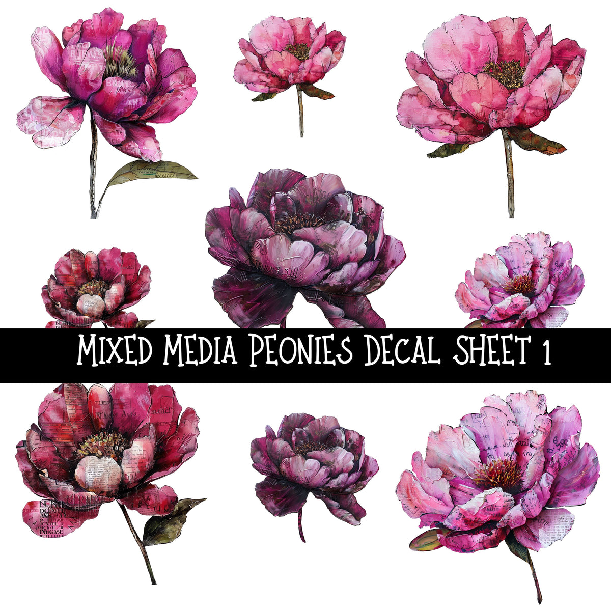 Mixed Media Peonies UV DTF Decal sheets 2 to choose from