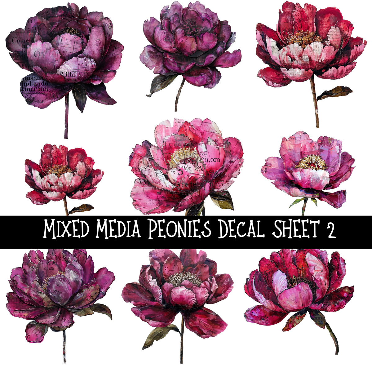 Mixed Media Peonies UV DTF Decal sheets 2 to choose from