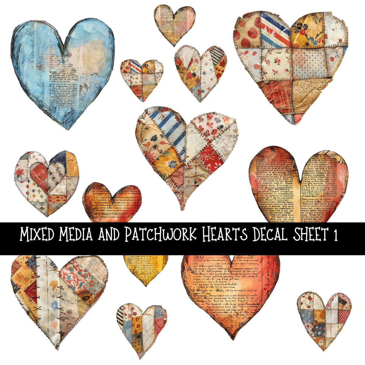 Mixed Media and Patchwork Hearts UV DTF Decal sheets 2 to choose from