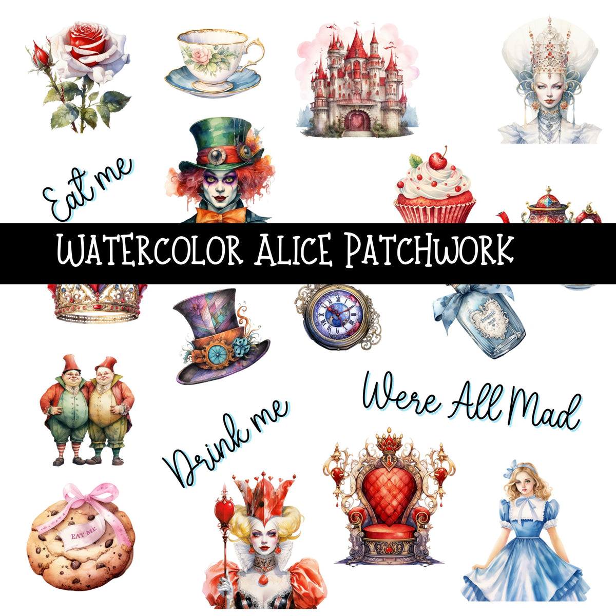 Watercolor Alice Doodle Patchwork Set