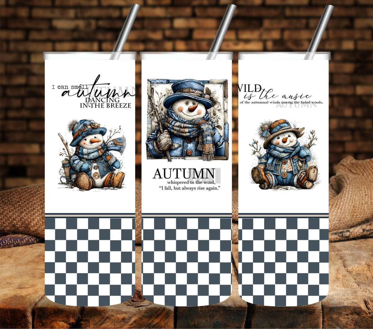 Autumn Snowmen Checker UV DTF tumbler wraps