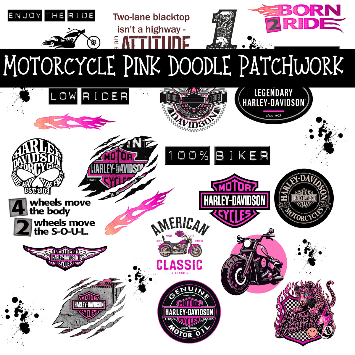 Motorcycle Pink UV DTF Doodle Patchwork Set