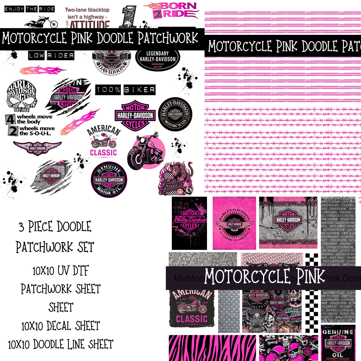 Motorcycle Pink UV DTF Doodle Patchwork Set