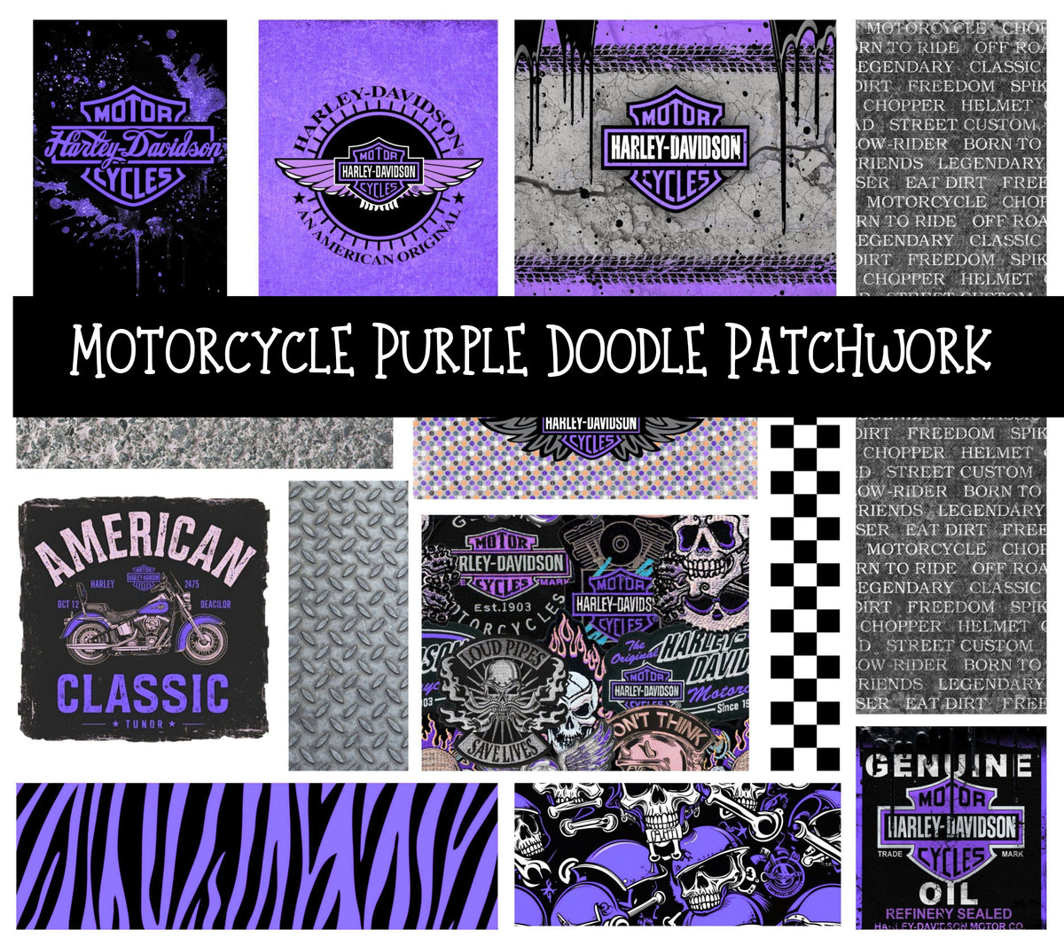 Motorcycle Purple UV DTF Doodle Patchwork Set
