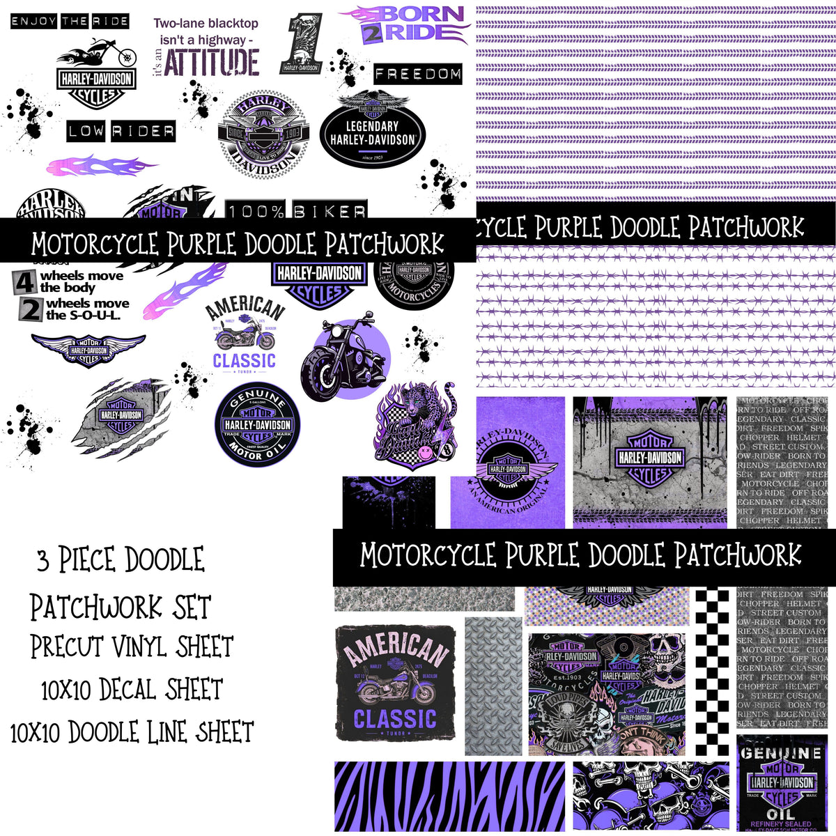 Motorcycle Purple UV DTF Doodle Patchwork Set