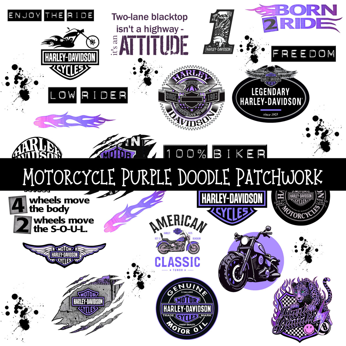 Motorcycle Purple UV DTF Doodle Patchwork Set