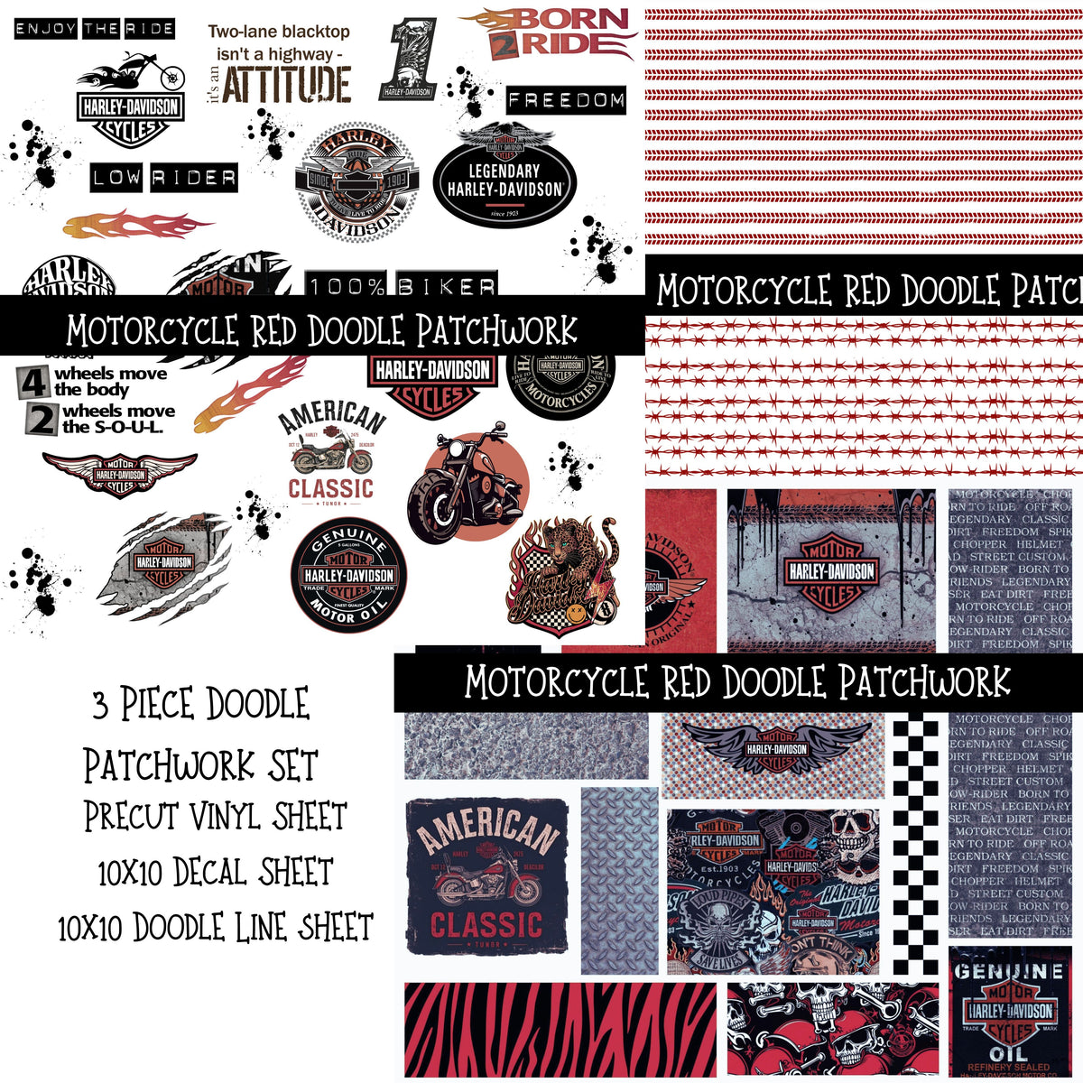 Motorcycle Red UV DTF Doodle Patchwork Set )