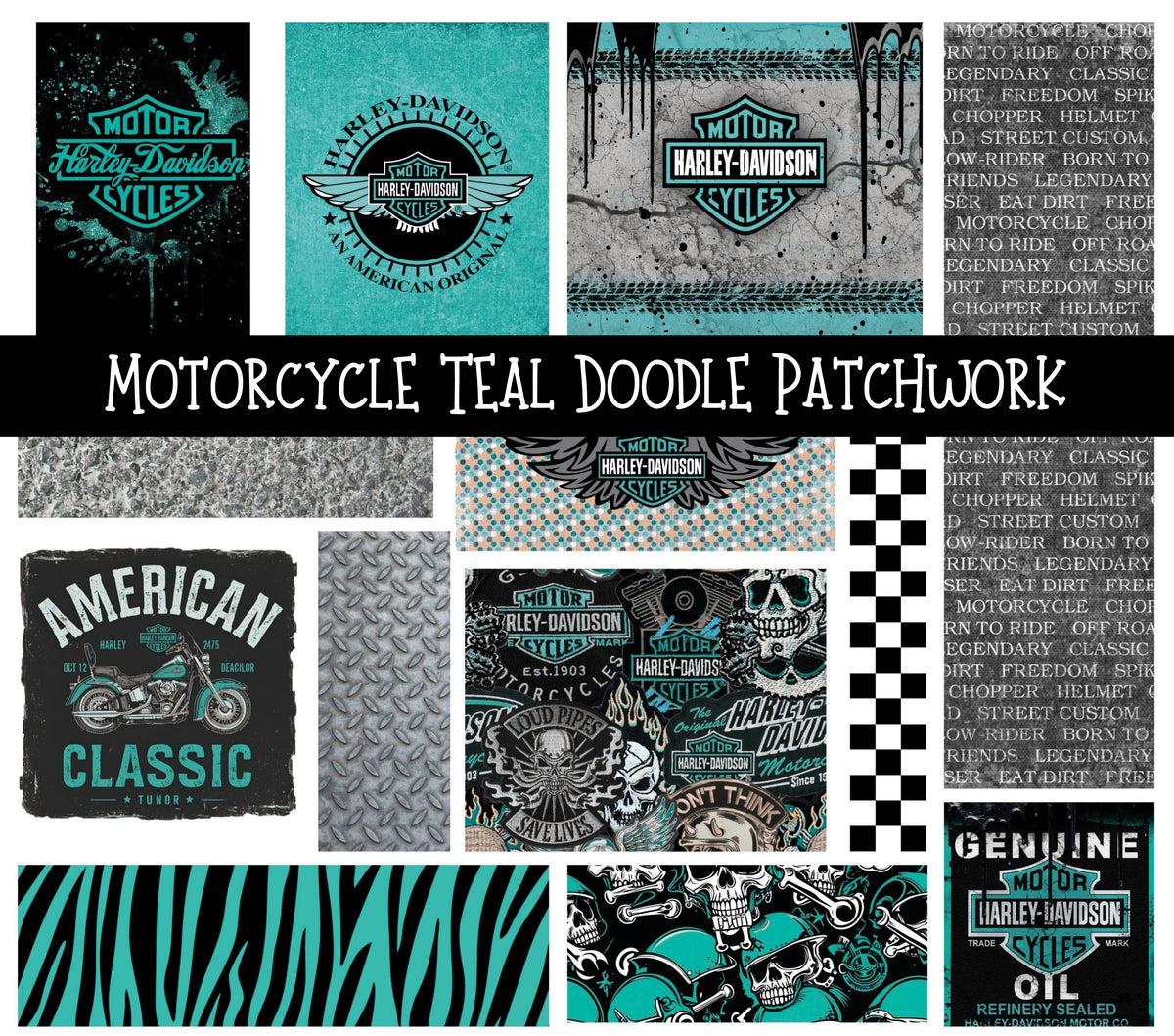 Motorcycle Teal UV DTF Doodle Patchwork Set
